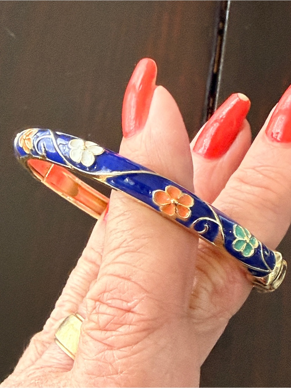 Enamel Cloisonné style 
Hinged Bangle Gold
& multi color blue 
enamel EUC